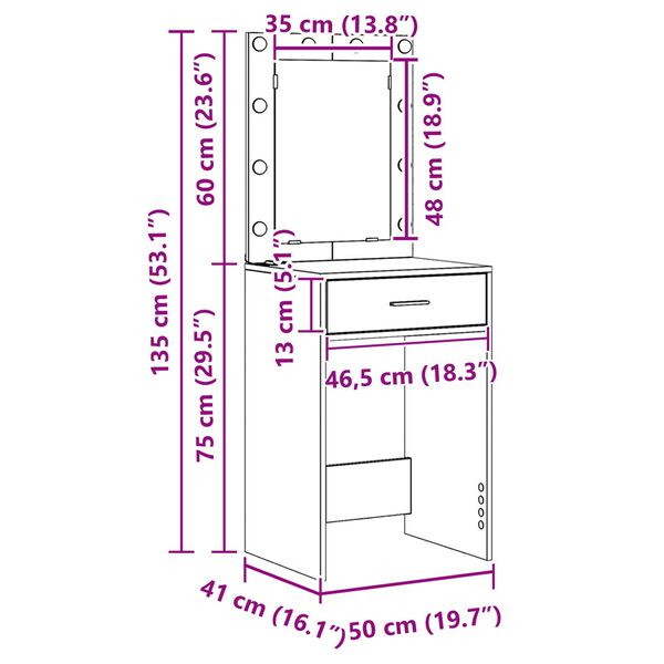 vidaXL Toaletka z lampkami LED Wędzony Dąb 50x41x135 cm